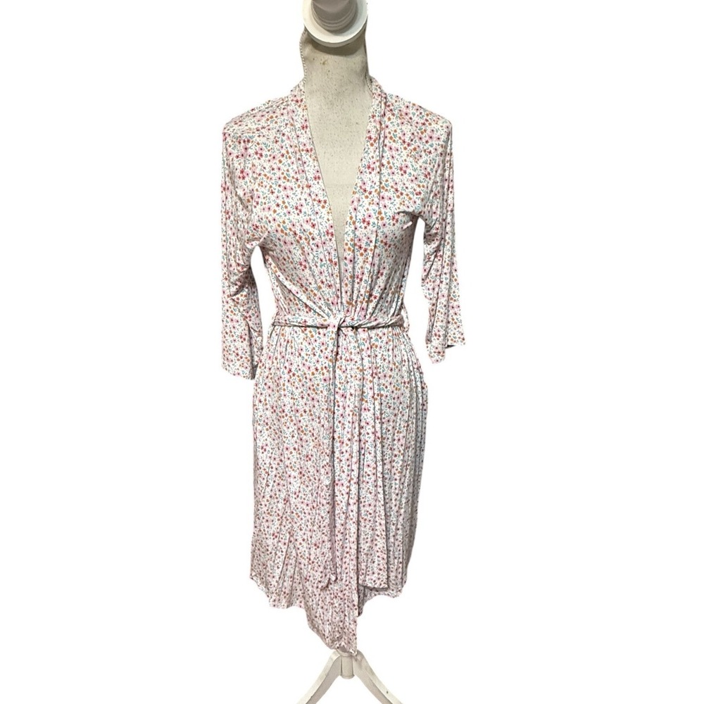 Posh Peanut Women's Size L/XL Pink White Floral Bamboo Robe with Belt Tie
